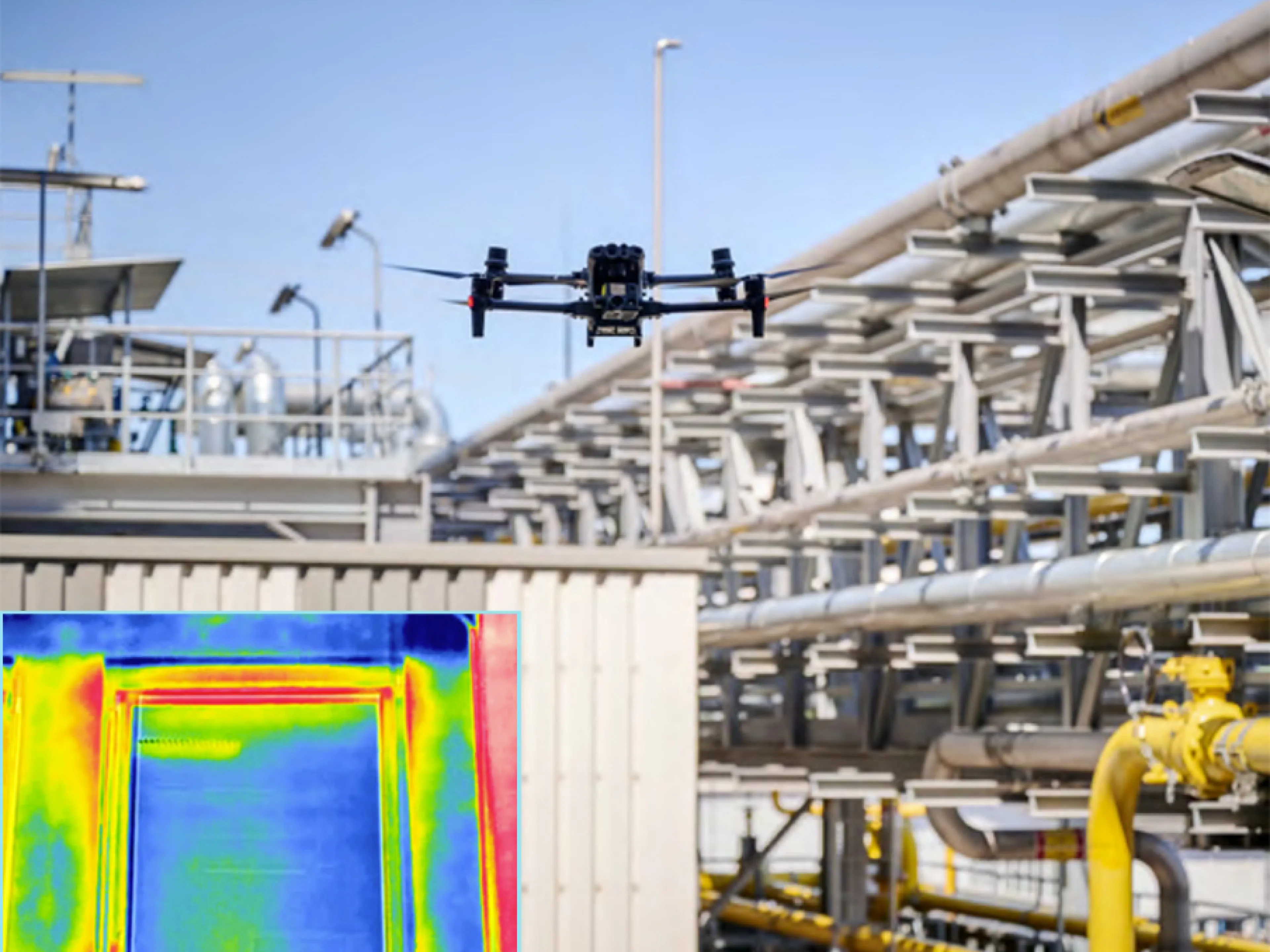 Einsatz von Drohnentechnik: Eine Drohne der ISW Technik mit Wärmebildkamera zeigt Wärmebrücken im Fensterbereich. Die dunkelblauen Stellen haben eine Temperatur von etwa 14 °C, die roten von teilweise mehr als 20 °C.