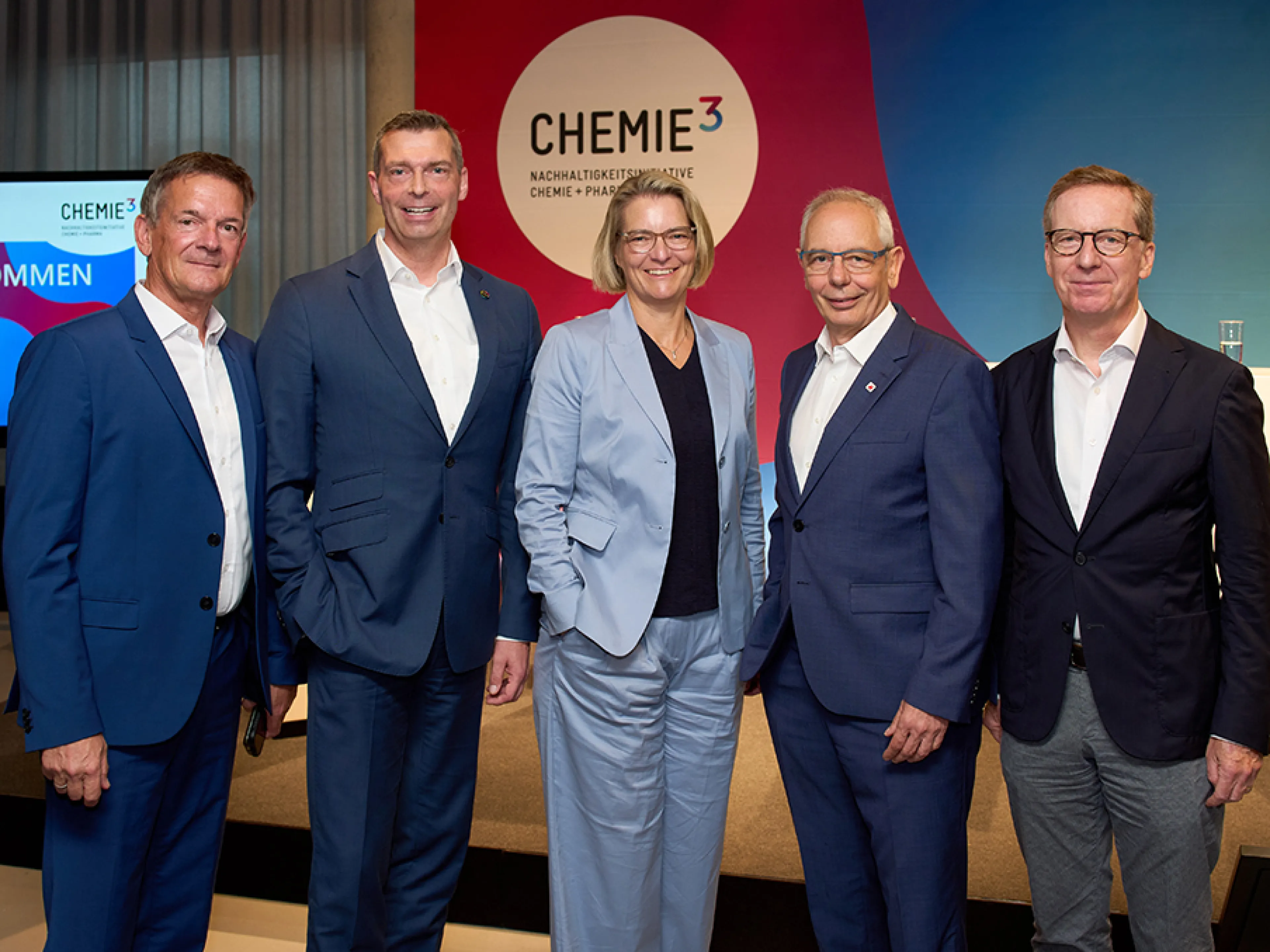VCI-Hauptgeschäftsführer Wolfgang Große Entrup, VCI-Präsident Markus Steilemann, BAVC-Präsidentin Katja Scharpwinkel, IGBCE-Vorsitzender Michael Vassiliadis, Michael Hüther, Institut der deutschen Wirtschaft