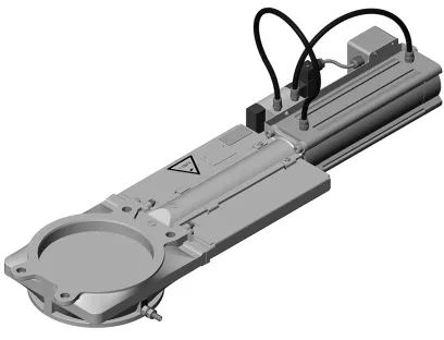 Universalschieber in kompakter, sehr robuster Bauweise sowie verbessertem Design für gutes Schließverhalten in stehender Produktsäule, Bild: Coperion Universalschieber in kompakter, sehr robuster Bauweise sowie verbessertem Design für gutes Schließverhalten in stehender Produktsäule