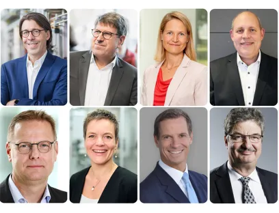 v.l.n.r./v.o.n.u.: Neue Dechema-Vorstandsmitglieder unter der Leitung von Dr. Wolfram Stichert (1.v.l.): Thomas Hirth, Sonja Berensmeier, Ralph Kleinschmidt, André Overmeyer, Andrea Traube, Andreas Widl und Maximilian Fleischer, Bild: Dechema Neue Dechema-Vorstandsmitglieder unter Leitung von Dr. Wolfram Stichert