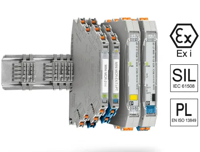 Trennverstärker und Messumformer Mini Analog Pro und Macx Analog auf Tragschienen mit Ex i-Logo, SIL-Logo und PL-Logo