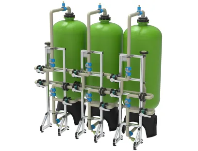 Die Dreifach Absorberanlage von Grünbeck: Reihengeschaltete Filterbehälter mit hochselektivem Absorberharz ermöglichen eine verlässliche PFAS-Entfernung bei hoher Betriebssicherheit und Kapazitätsausnutzung
