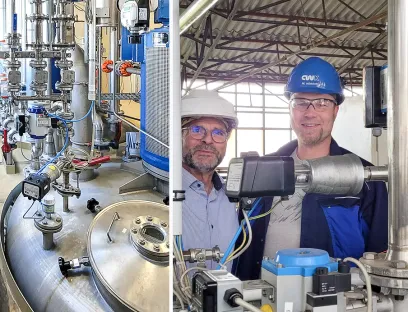 Gleitschieberventile vom „Typ 8043“ regeln den Durchfluss von flüssigem und gasförmigem Schwefeldioxid in den Reaktionsbehälter. Dipl.-Ing. (FH) Marcus Nöthlich (re.), Betriebsingenieur im Geschäftsfeld Schwefelverbindungen bei CWK, und Rainer Weigelt (li.), technischer Vertrieb bei Schubert & Salzer bei der Besichtigung der im Chemiewerk Bad Köstritz eingesetzten Ventile