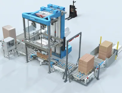 Die Beumer Stretch Hood A zeichnet sich durch ebenerdig und ergonomisch konstruierte Bedien- und Wartungszugänge aus, Bild: Beumer Verpackungsmaschine Beumer Stretch Hood A