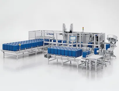 Vollautomatische Abfüllanlage AFS 22 füllt in kurzer Zeit große Produktmengen in Gebinde ab, verschließt, etikettiert und palettiert sie, sodass sie direkt versandbereit sind, Bild: Fricke Abfülltechnik Vollautomatische Abfüllanlage AFS 22 von Fricke