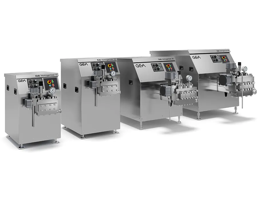 Die neue Serie der GEA KOB-Homogenisatoren umfasst vier Modelle mit einem Druck von bis zu 400 bar und einer Durchsatzleistung von 700 bis 18.000 Liter pro Stunde